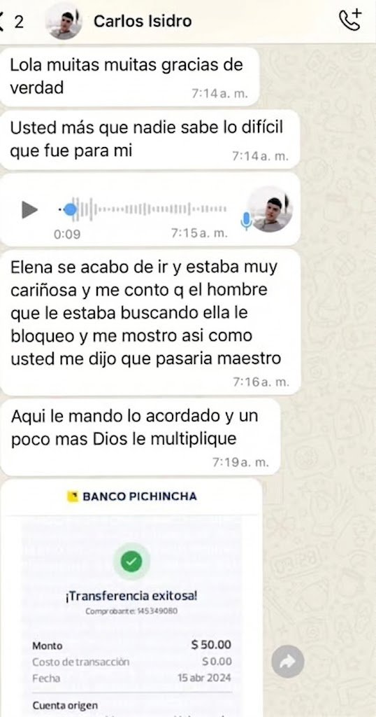 Mensaje de cliente agradeciendo a Lola porque su pareja volvió cariñosa